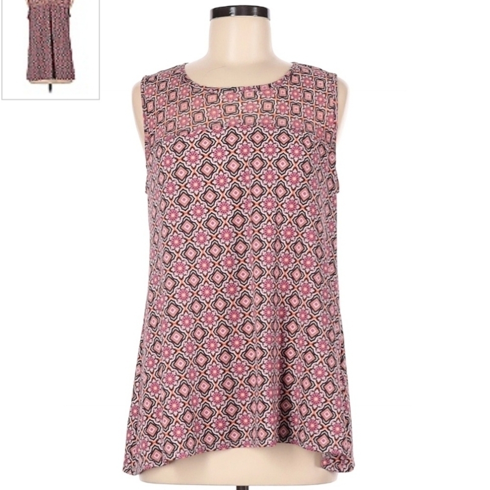 Roz & Ali Pink Pattern Print Sleeveless Tunic Tank Top Women's Large Petite LP